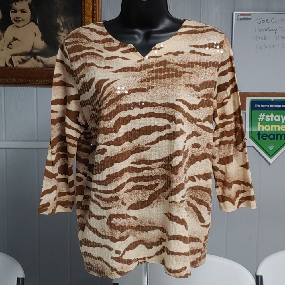 Alfred Dunner Brown and Beige Tiger Pattern Shirt